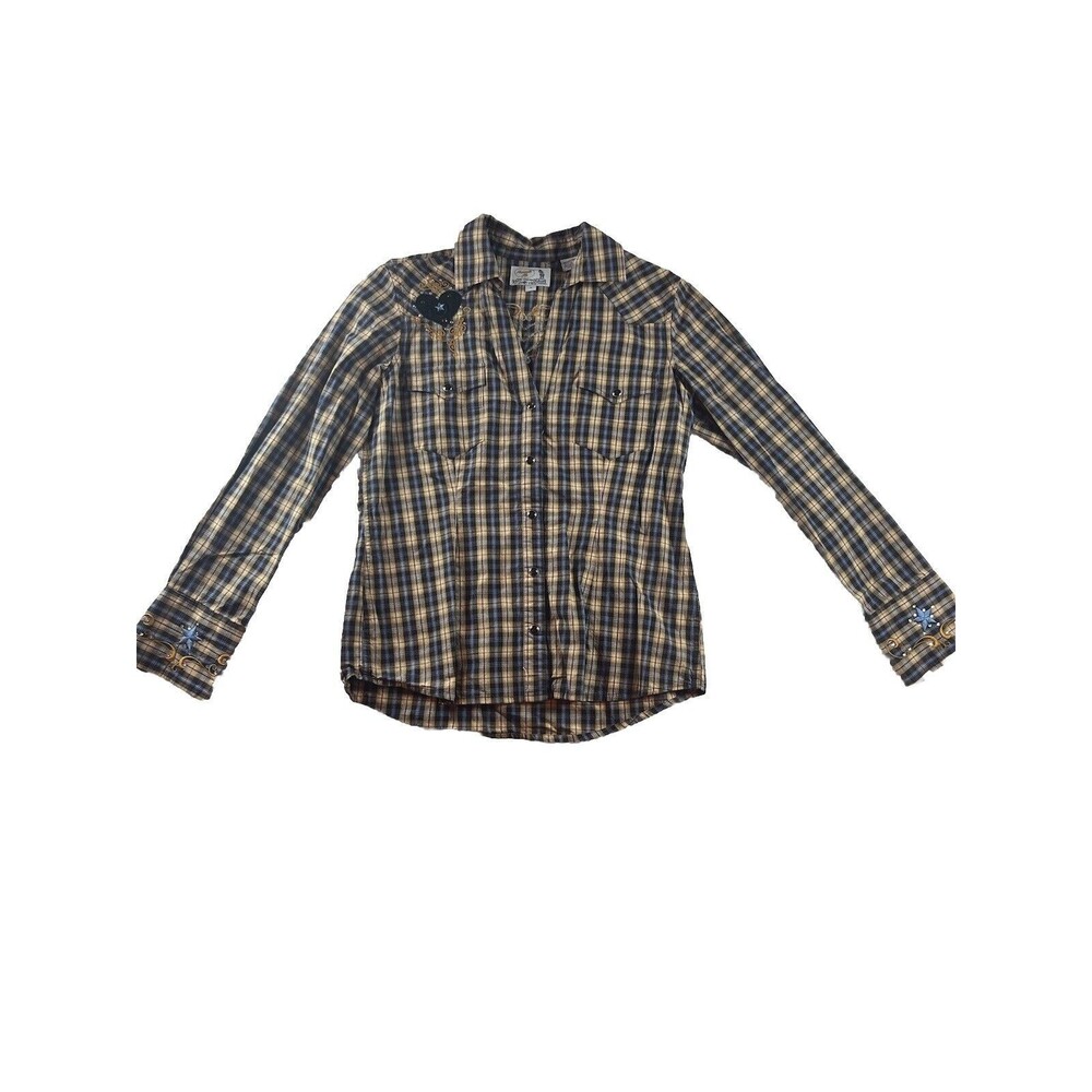 Panhandle Slim Shirt Womens M Retro Plaid Western Embroidered Pearl Snap Top